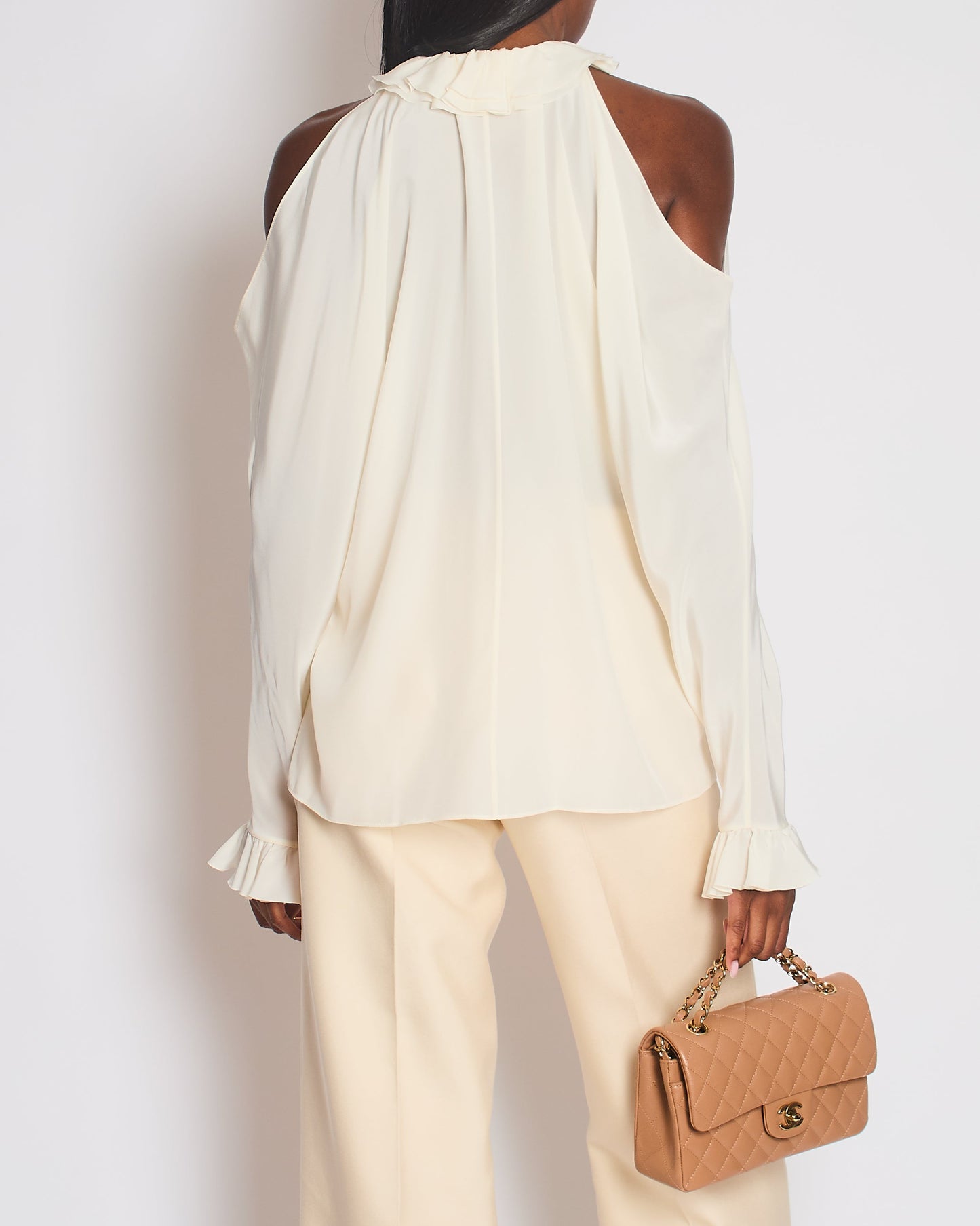 Chanel Cream Button Down Blouse with Cut Out Shoulder Detail Size FR 38 (UK 10) Shoulder Bag
