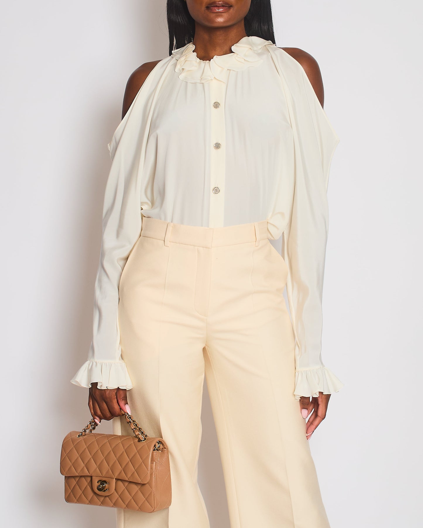 Chanel Cream Button Down Blouse with Cut Out Shoulder Detail Size FR 38 (UK 10) Shoulder Bag