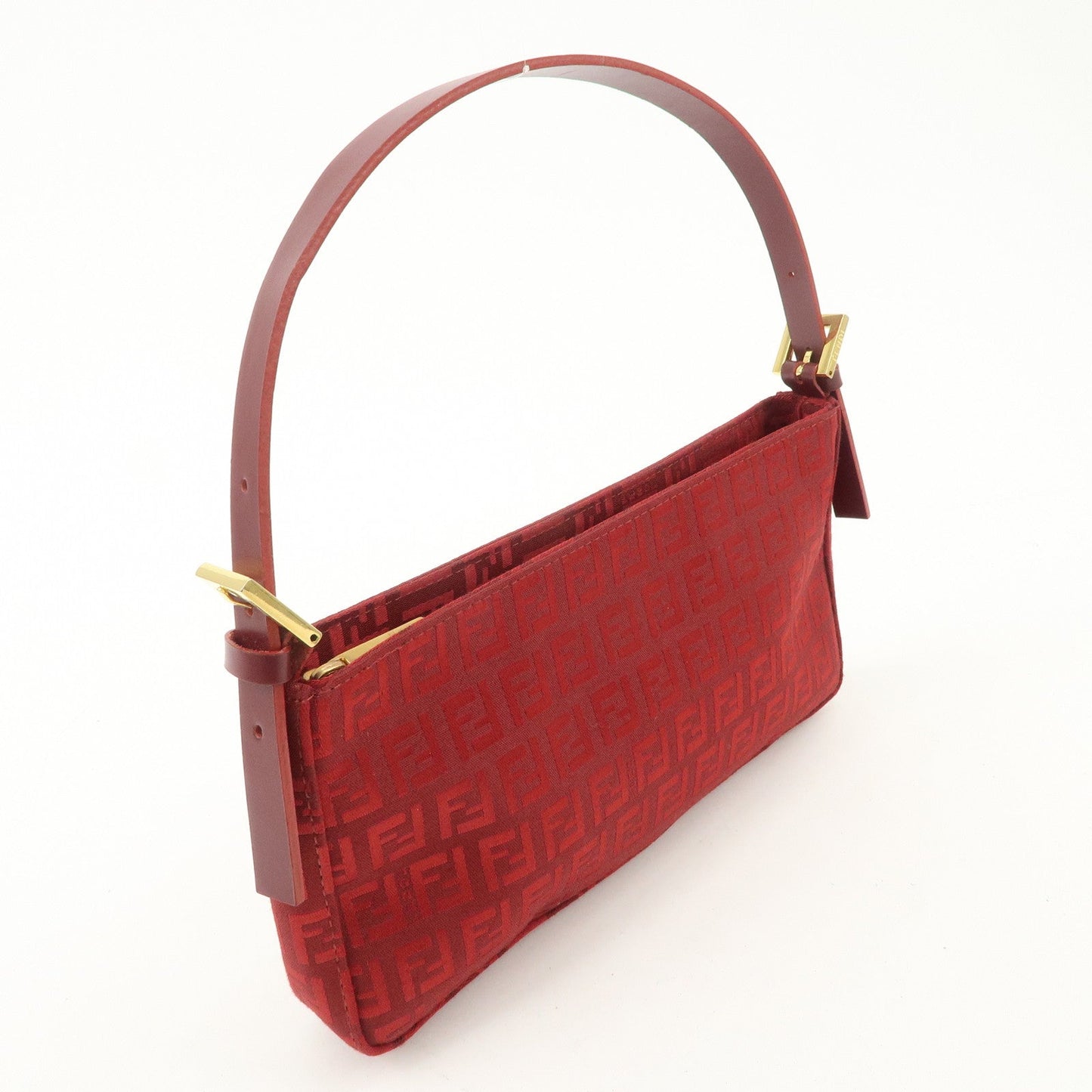 FENDI Zucchino Canvas Leather Shoulder Bag Purse Red 8BR042