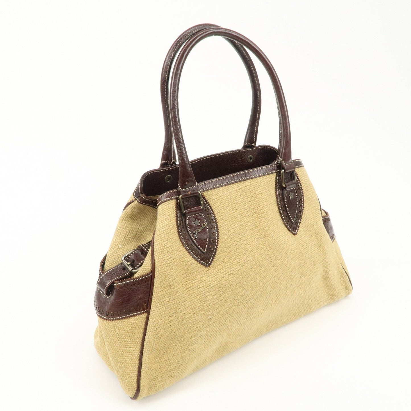 FENDI Ethnico Zucca Canvas Leather Shoulder Bag Beige Brown 8BN162