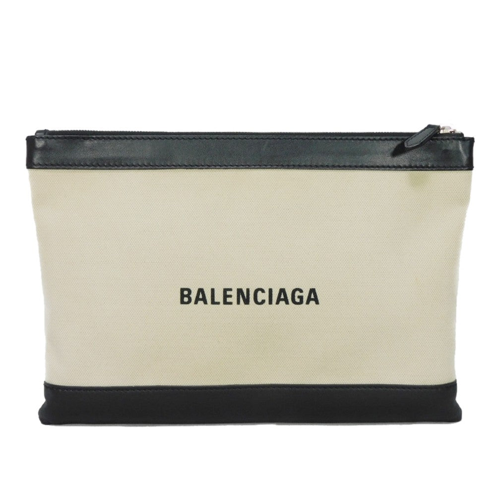 BALENCIAGA Clutch bag 373834 AQ3BN 9260 Cotton canvas x smooth calfskin Natural x Black New logo Navy clip M mens