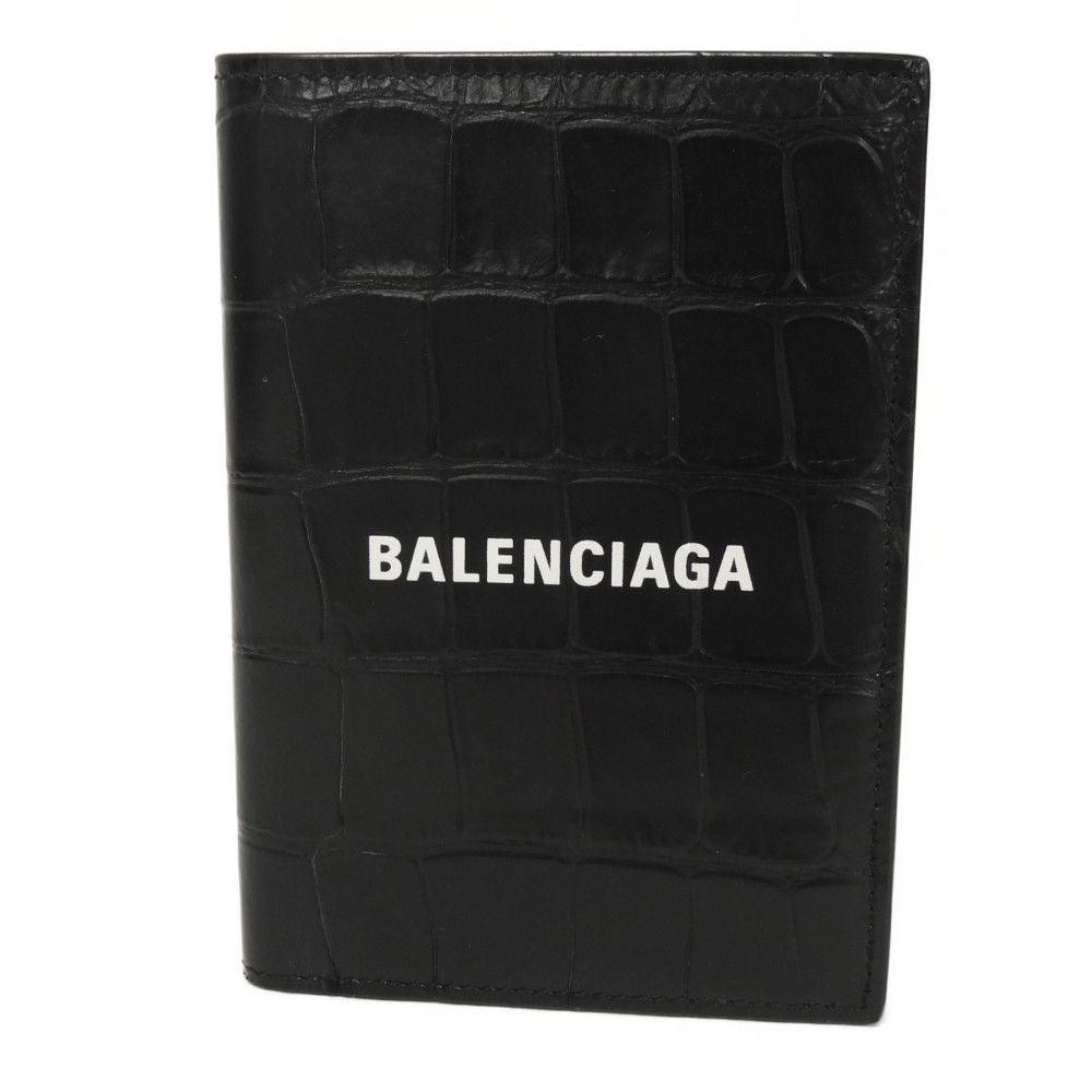 BALENCIAGA Bifold Wallet 655683 1ROP3 1000 Calfskin (crocodile embossed) black Croc Calfskin Card Case Billfold New logo Cash Bar Tikal Wallet mens