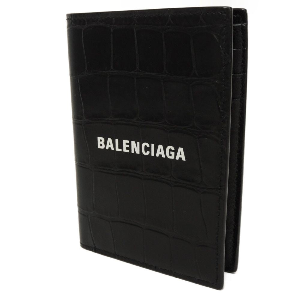 BALENCIAGA Bifold Wallet 655683 1ROP3 1000 Calfskin (crocodile embossed) black Croc Calfskin Card Case Billfold New logo Cash Bar Tikal Wallet mens