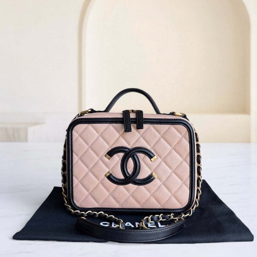 Chanel Vanity Case Filigree Medium - Caviar Grained Calfskin Black Beige Series 23