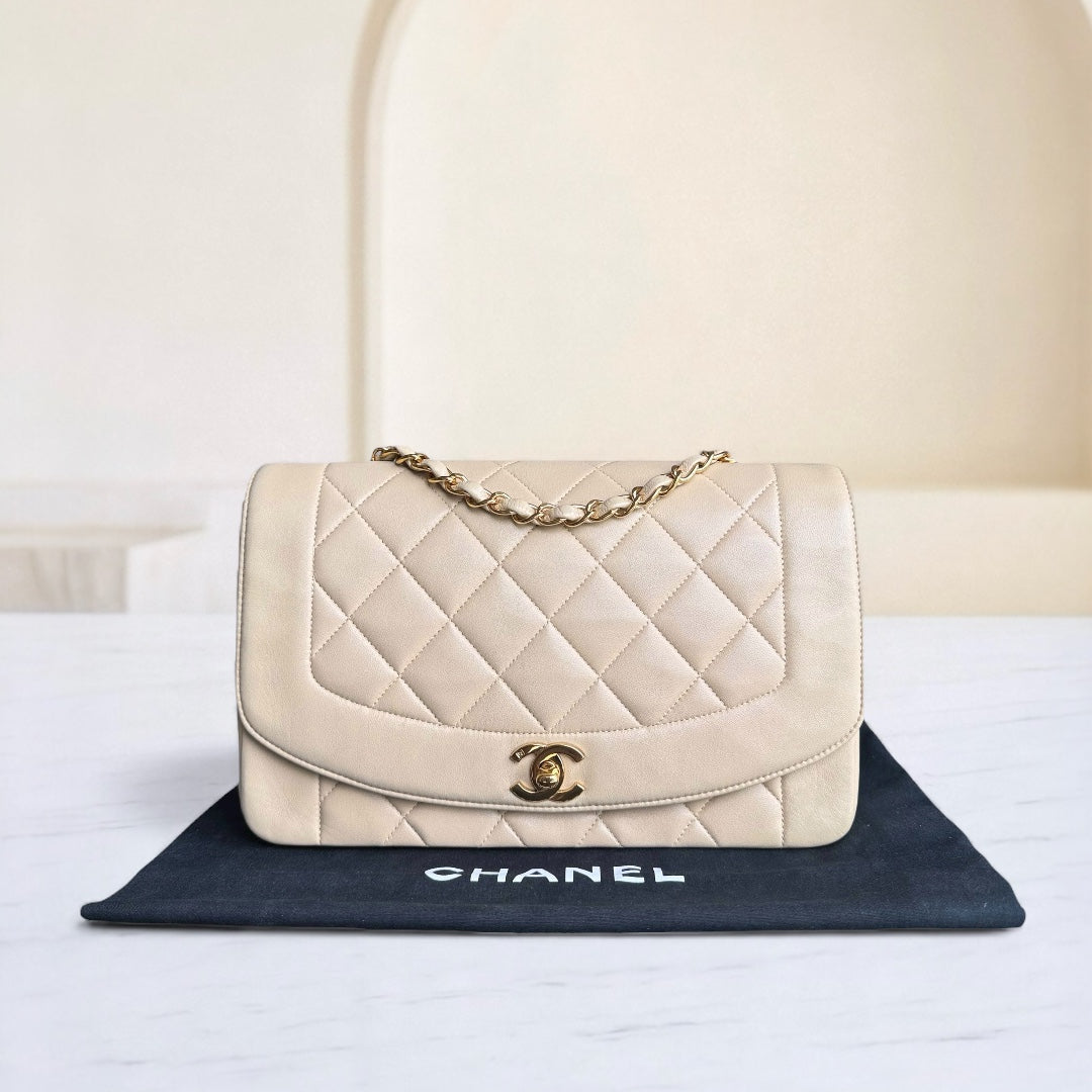 Chanel Diana Medium - Quilted Lambskin Beige Gold Hardware Series 3