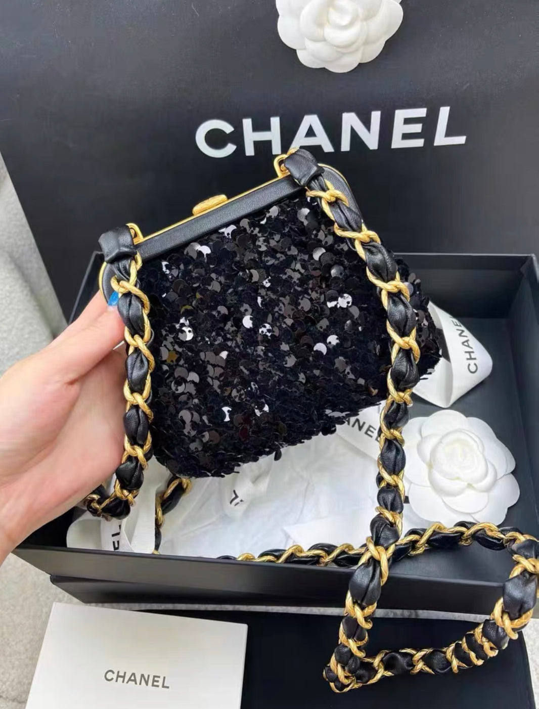 Chanel Metiers d Art 24A Black Sequin tweed Evening Mini Clutch Bag With Bow