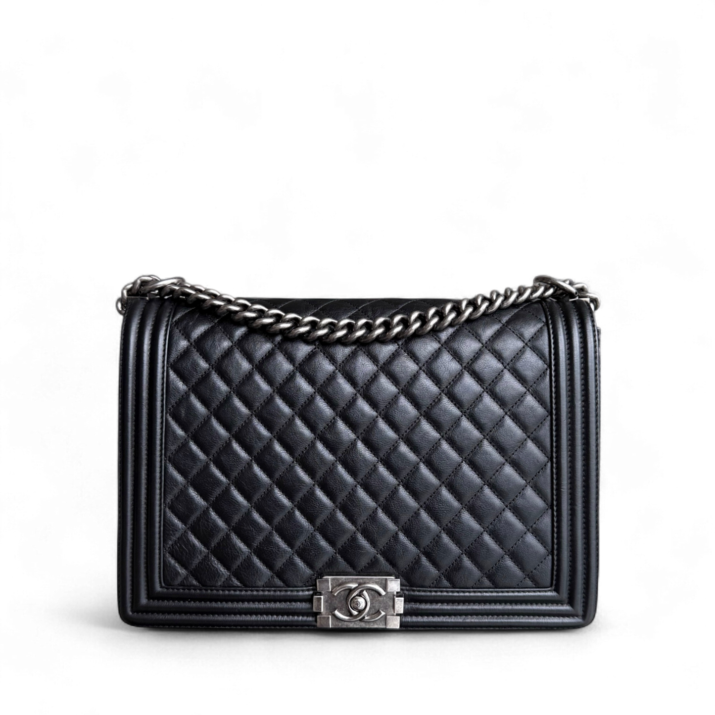 Chanel Boy Large - 30CM Quilted Grained Calfskin Black Silver Hardware Series 17