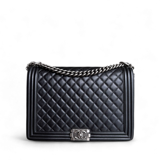 Chanel Boy Large - 30CM Quilted Grained Calfskin Black Silver Hardware Series 17