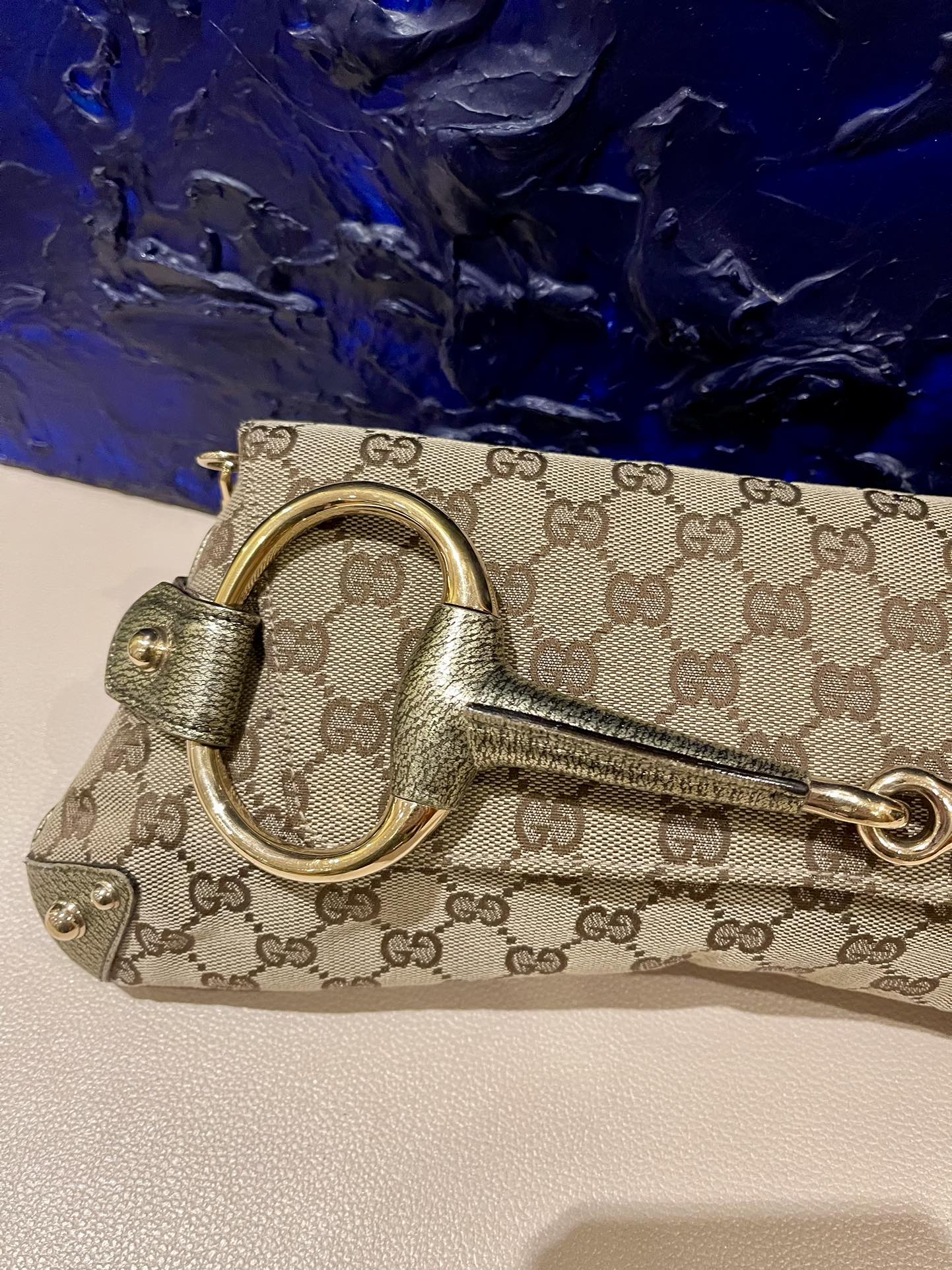 Gucci Horsebit 1955 Large Cloth Beige Monogram Gold Leather Shoulder bag