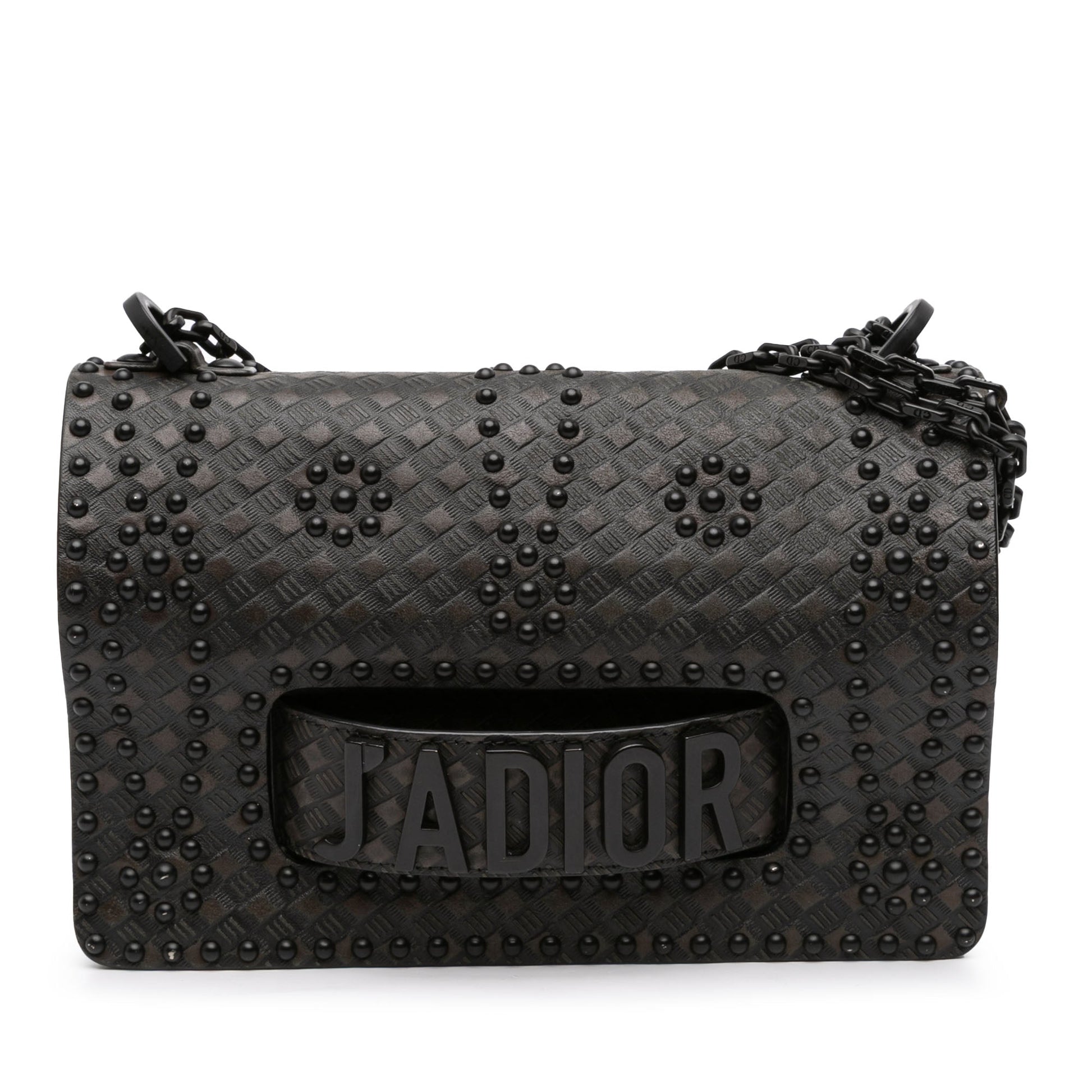 Black Dior Medium Embossed Calfskin Studded JAdior Chain Flap Shoulder Bag