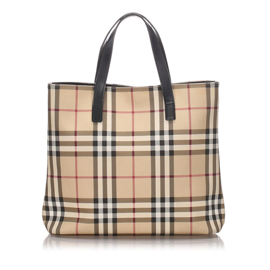 Burberry Brown Beige Canvas Fabric Ho Check Tote Bag United Kingdom