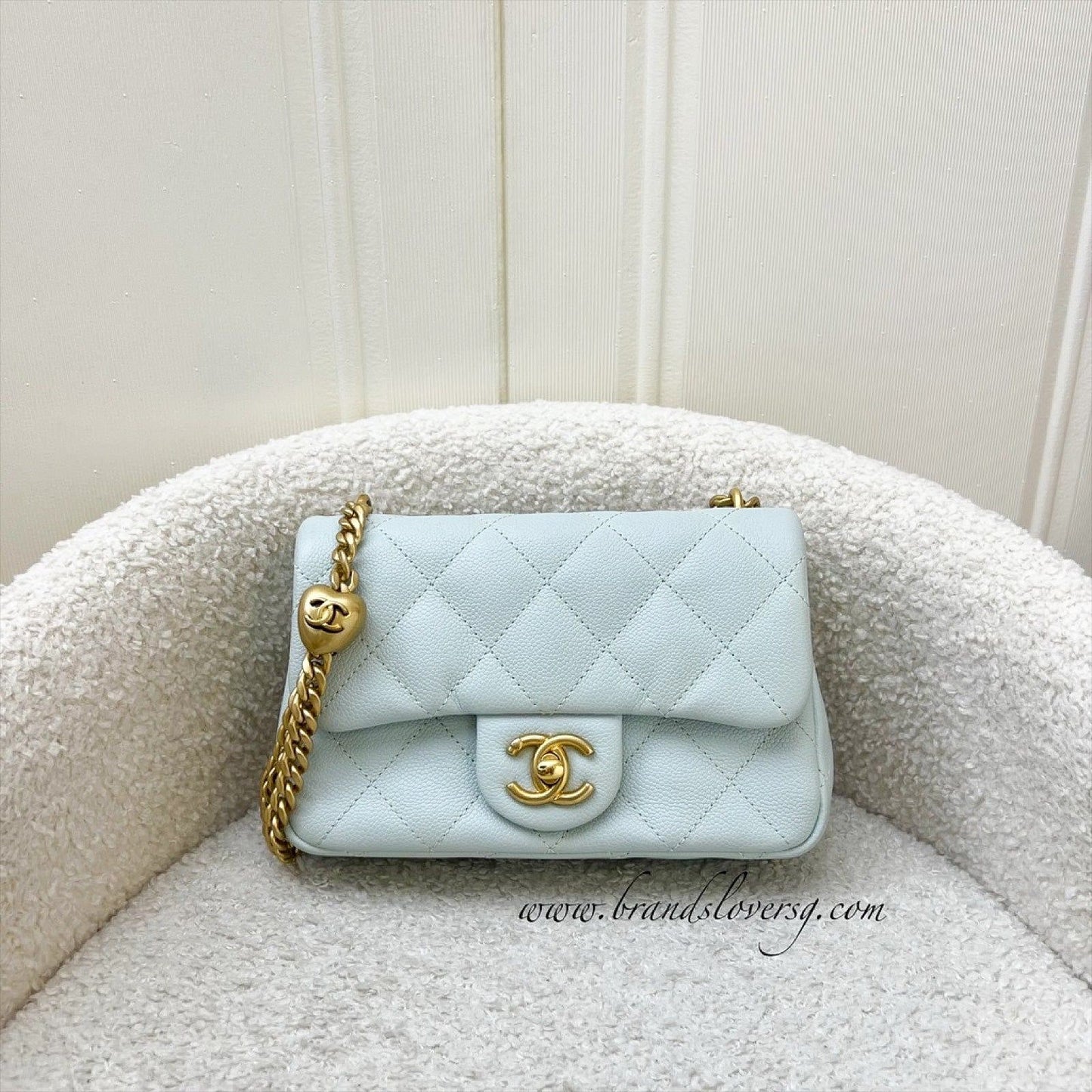 Chanel 24P Heart Adjustable Chain Small / Mini 19cm Flap Bag in Bluish Grey Caviar and AGHW