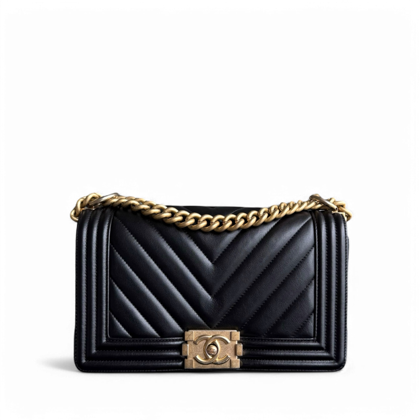 Chanel Boy Medium - 25CM Chevron Calfskin Black Aged Gold Hardware