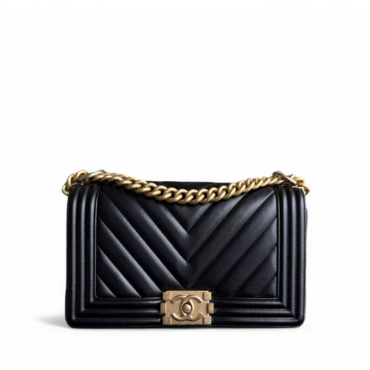 Chanel Boy Medium - 25CM Chevron Calfskin Black Aged Gold Hardware