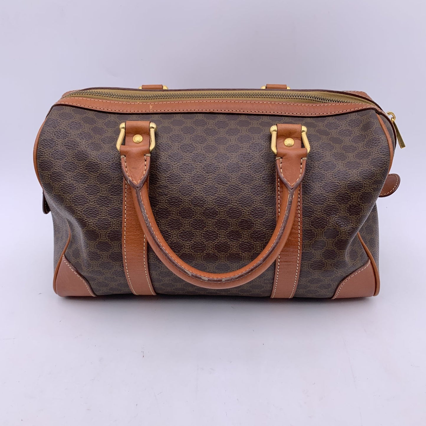 Luxury CELINE Brown Macadam Canvas Boston Bag Duffel Duffle