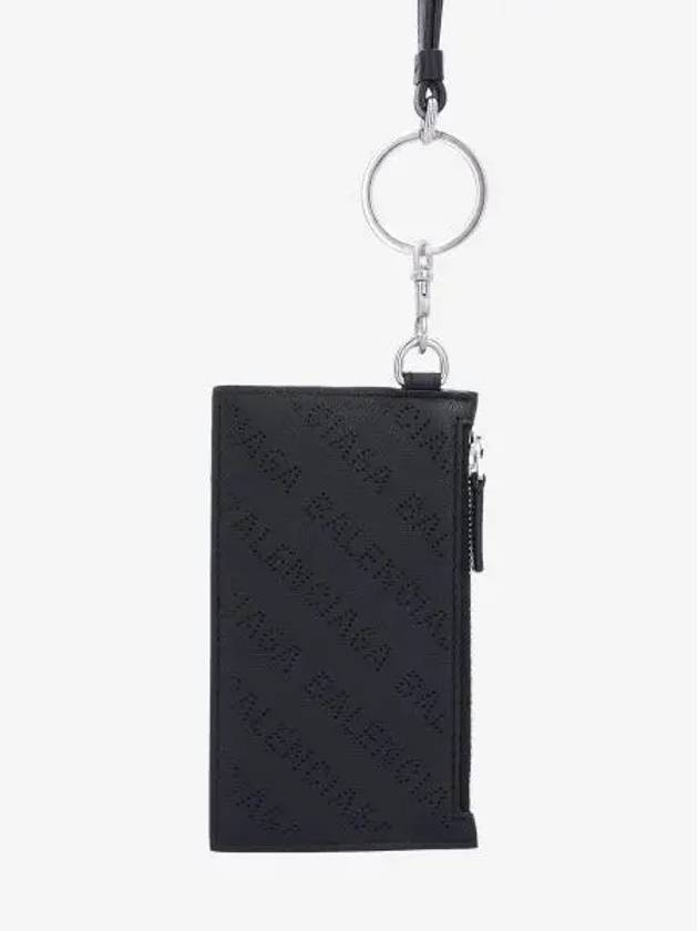 Luxury Balenciaga Trending 2026 Logo Perforated Neck Strap Card Wallet Black