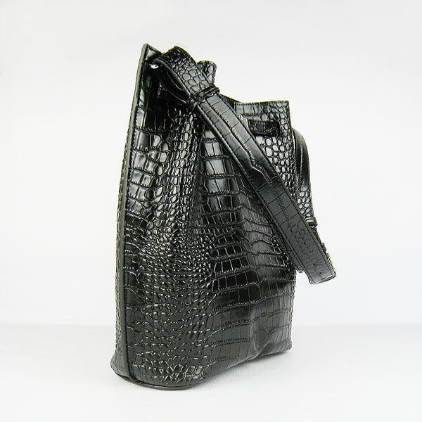 Luxury Hermes Crocodile Vein Shoulder Bag Black Silver