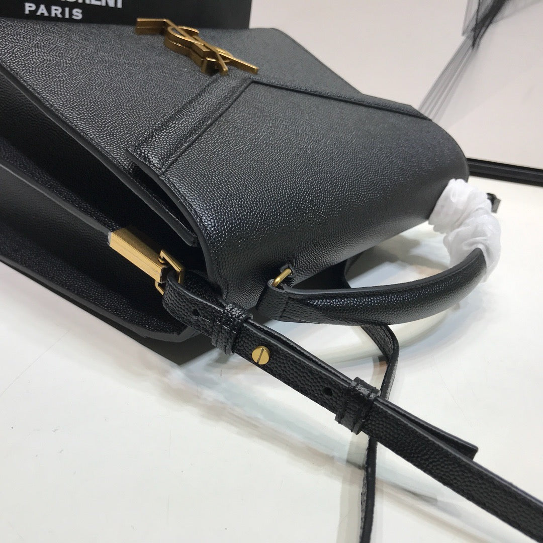 Yves Saint Laurent Cassandra Medium Top Handle Bag In Grain Black.6in/.5cm