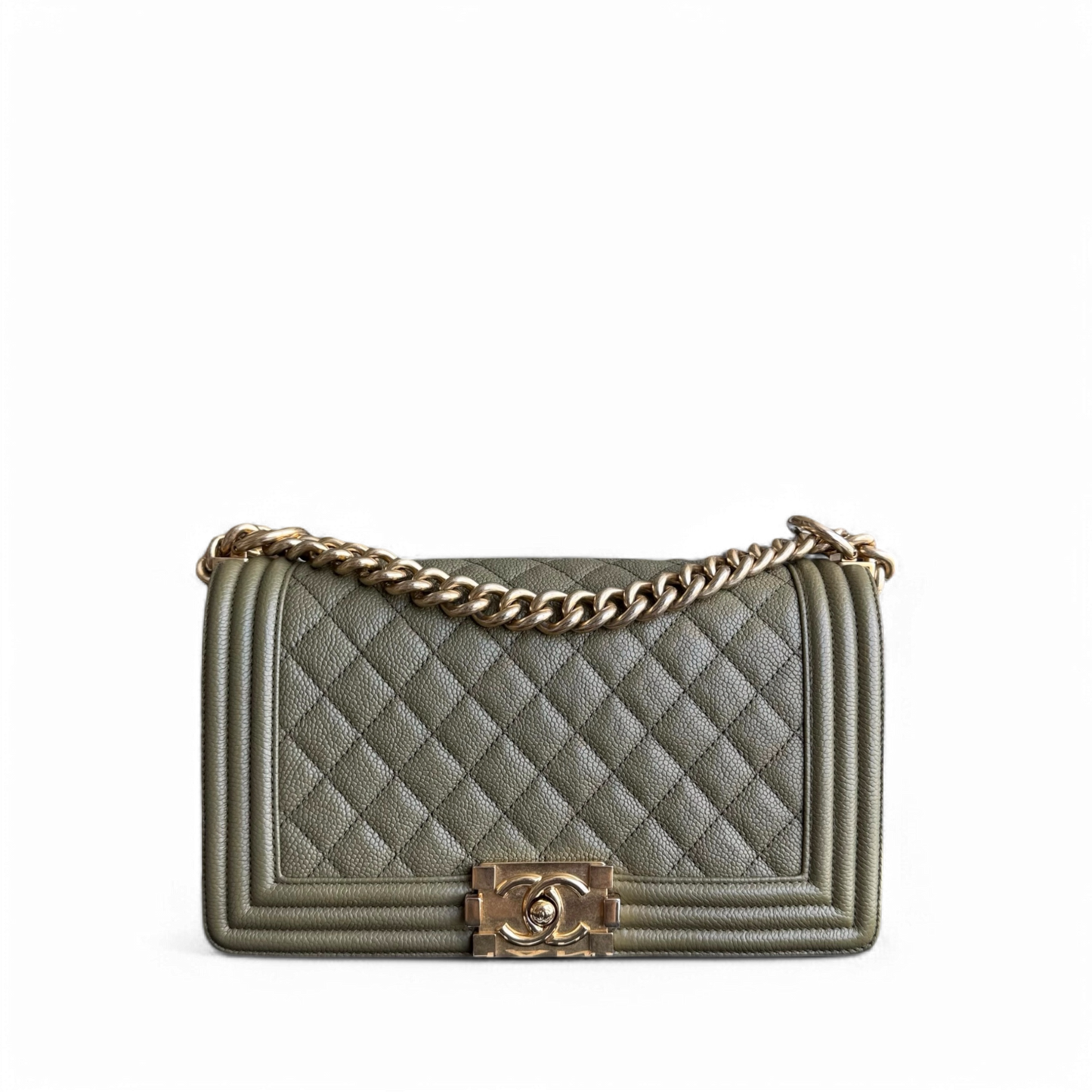 Chanel Boy Medium - Caviar 25CM Quilted Green Gold Hardware Series 23