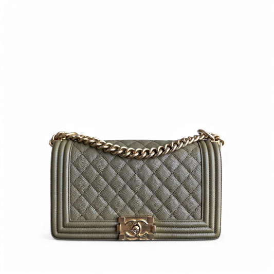 Chanel Boy Medium - Caviar 25CM Quilted Green Gold Hardware Series 23