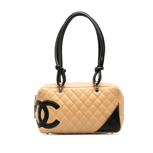 Chanel Cambon Cocomark Bowling Bag Handbag Mini Boston Bag Beige Leather CHANEL