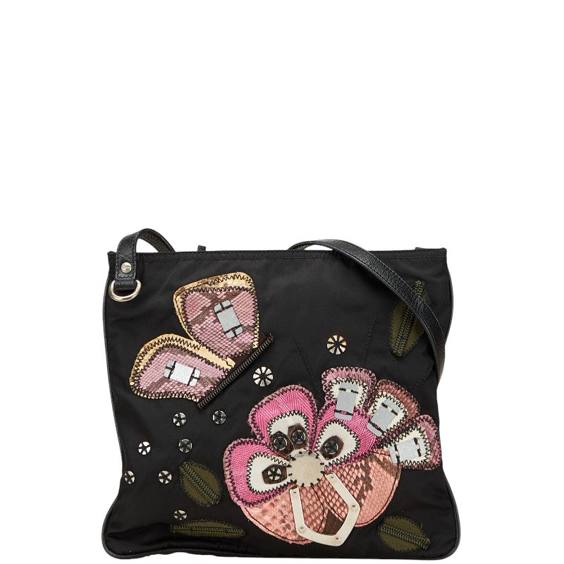 Prada Triangle Logo Flower Embroidery Nylon Python Shoulder Bag