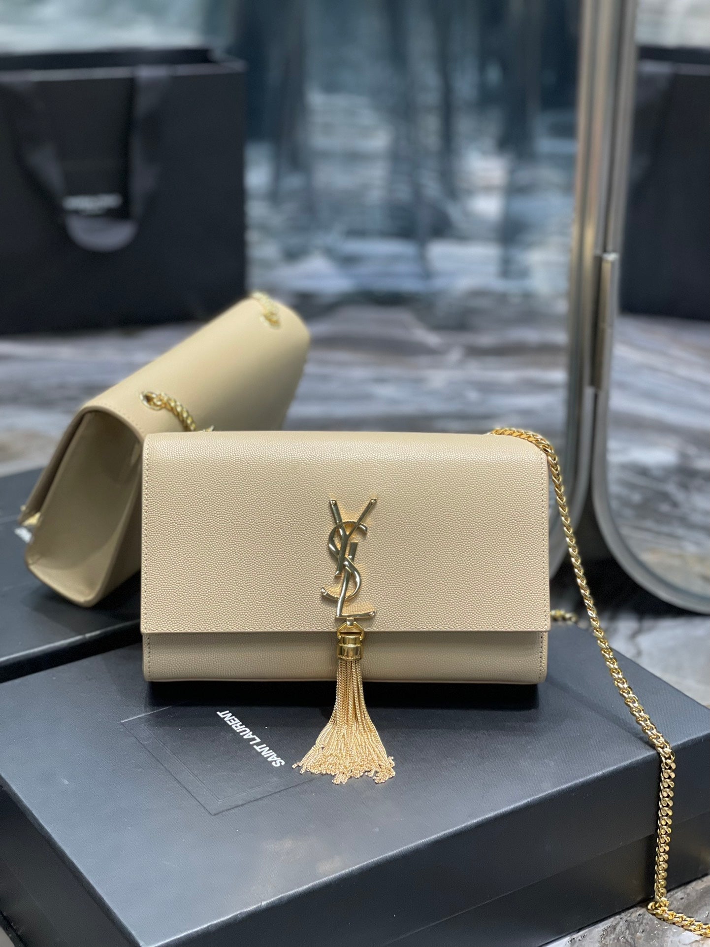 Yves Saint Laurent Kata Medium Chain Bag Beige With Tassel.4in/