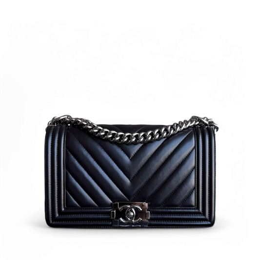Chanel Boy Medium - 25CM Quilted Calfskin Black Dark Silver Hardware Series 25
