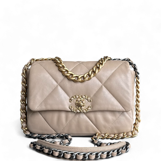 Chanel 19 Bag Small - C19 Quilted Goatskin Beige Two-tone Hardware Series 31