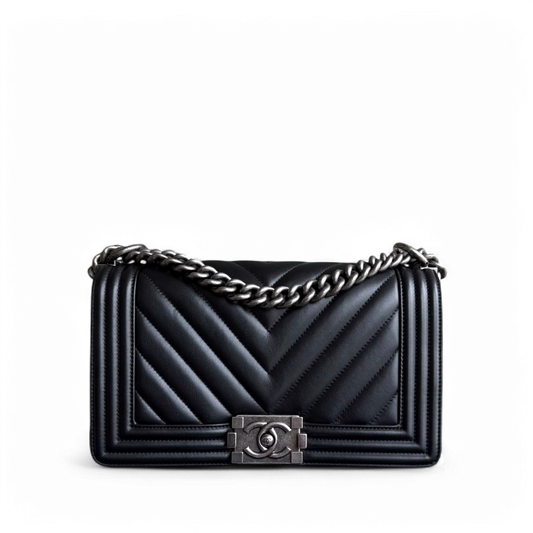 Chanel Boy Medium - 25CM Chevron Calfskin Black Ruthenium Silver Hardware