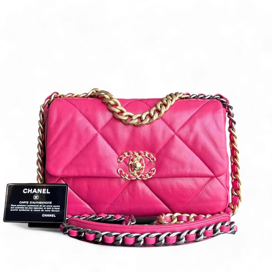 Chanel 19 Bag - Small 26CM C19 Quilted Goatskin Hot Pink Two-tone Gold Hardware Series 29