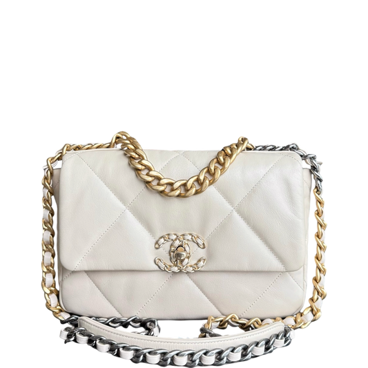 Chanel 19 Bag  Small- C19 Quilted Goatskin Light Beige Cream Two-tone Hardware Series 30