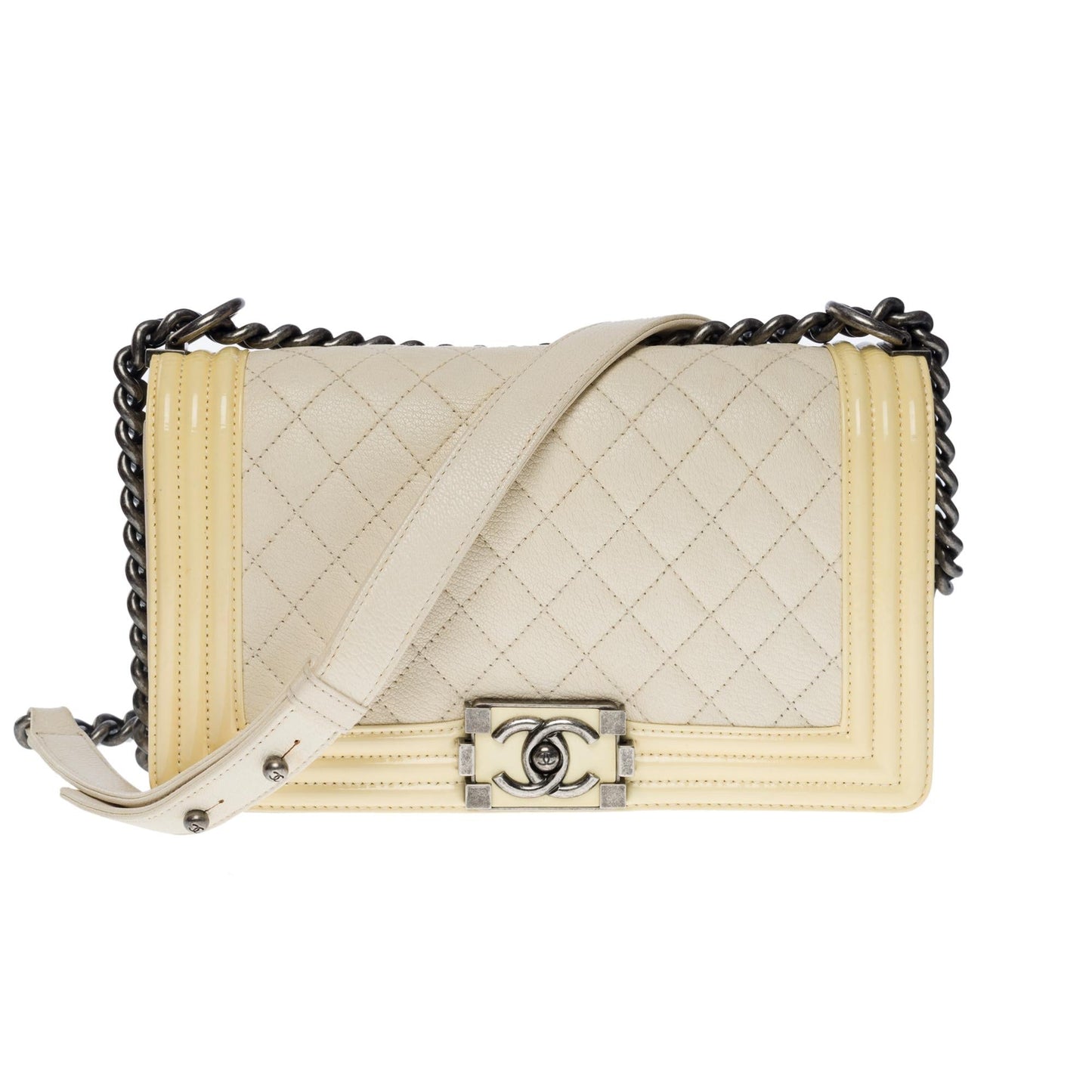 CHANEL Boy medium shoulder bag in beige caviar Yellow patent leather SHW