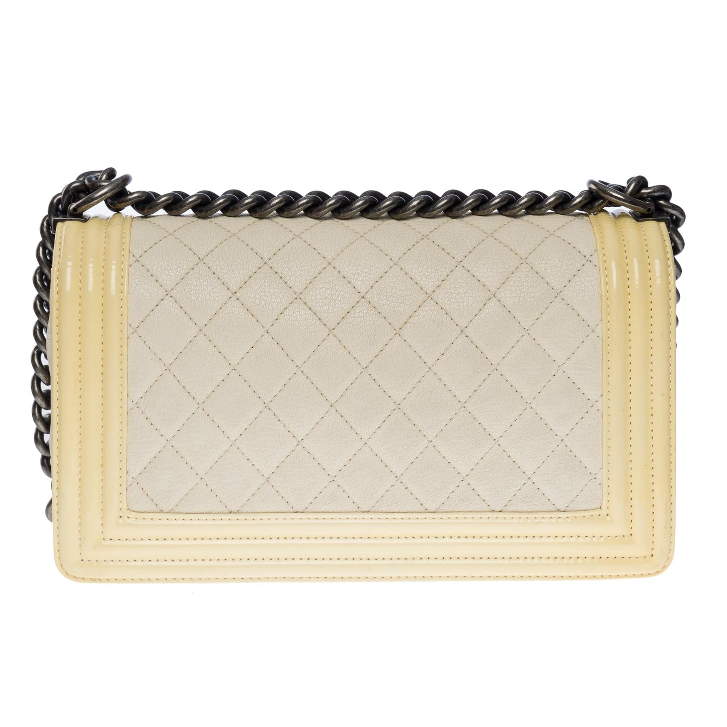 CHANEL Boy medium shoulder bag in beige caviar Yellow patent leather SHW