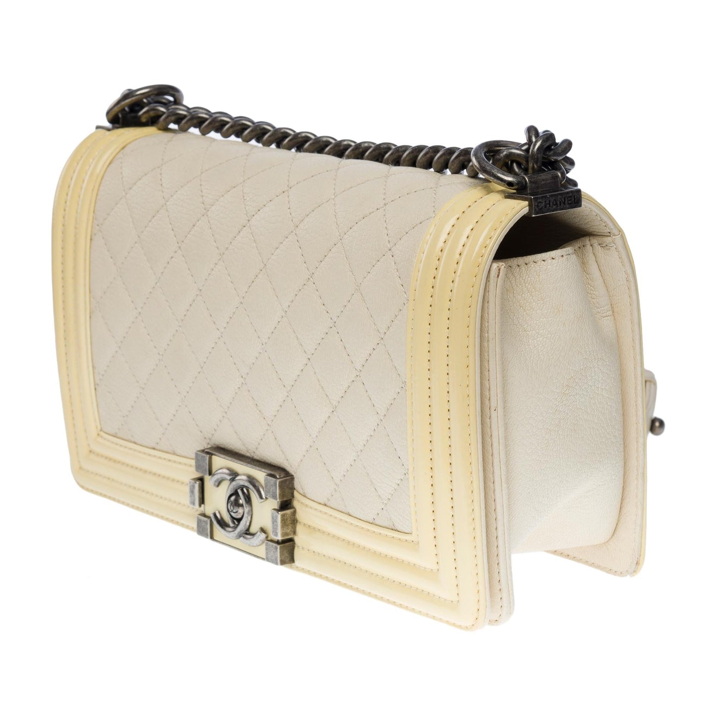 CHANEL Boy medium shoulder bag in beige caviar Yellow patent leather SHW