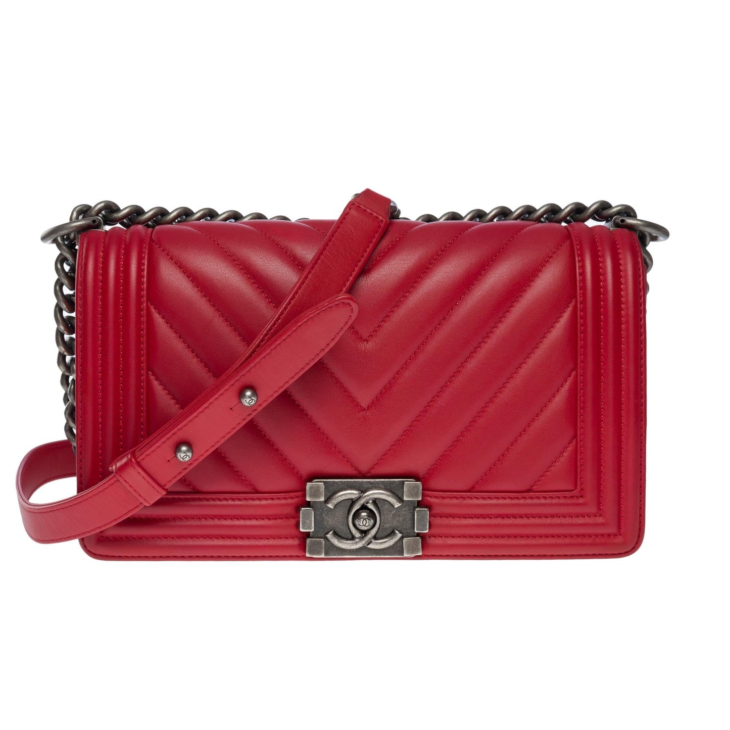 CHANEL Boy Old Medium shoulder bag in red quilted herringbone leather SHW
