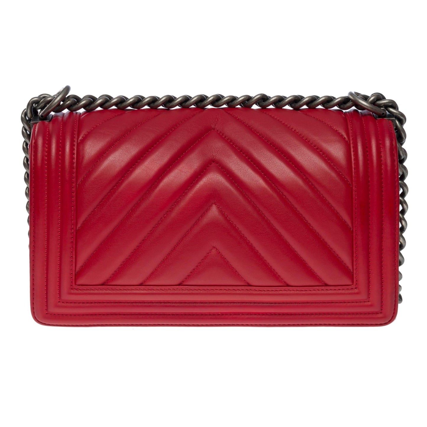 CHANEL Boy Old Medium shoulder bag in red quilted herringbone leather SHW