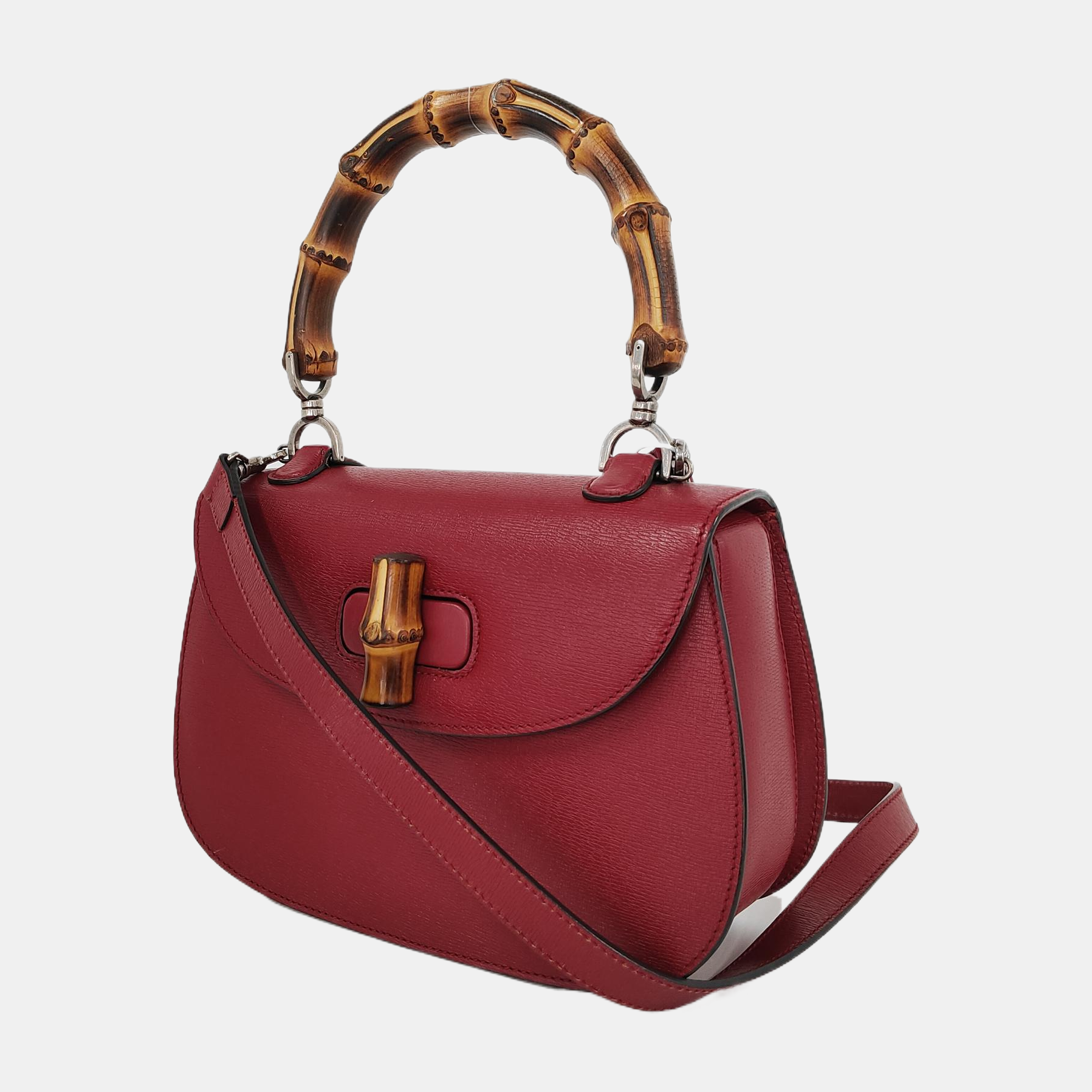 Gucci Bamboo 1947 Top Handle Bag Leather Medium Red Burgundy with Strap