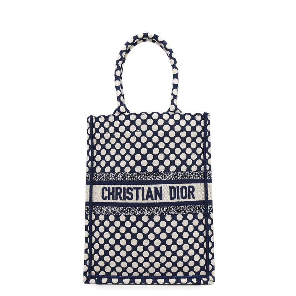 Dior ?Vertical Book Tote Dot White/Navy Canvas