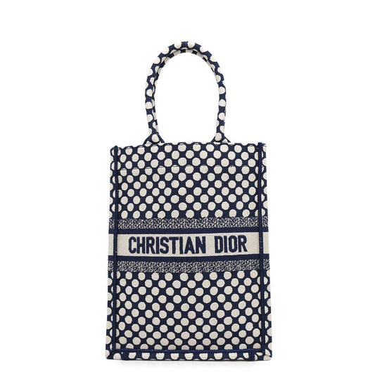 Dior ?Vertical Book Tote Dot White/Navy Canvas
