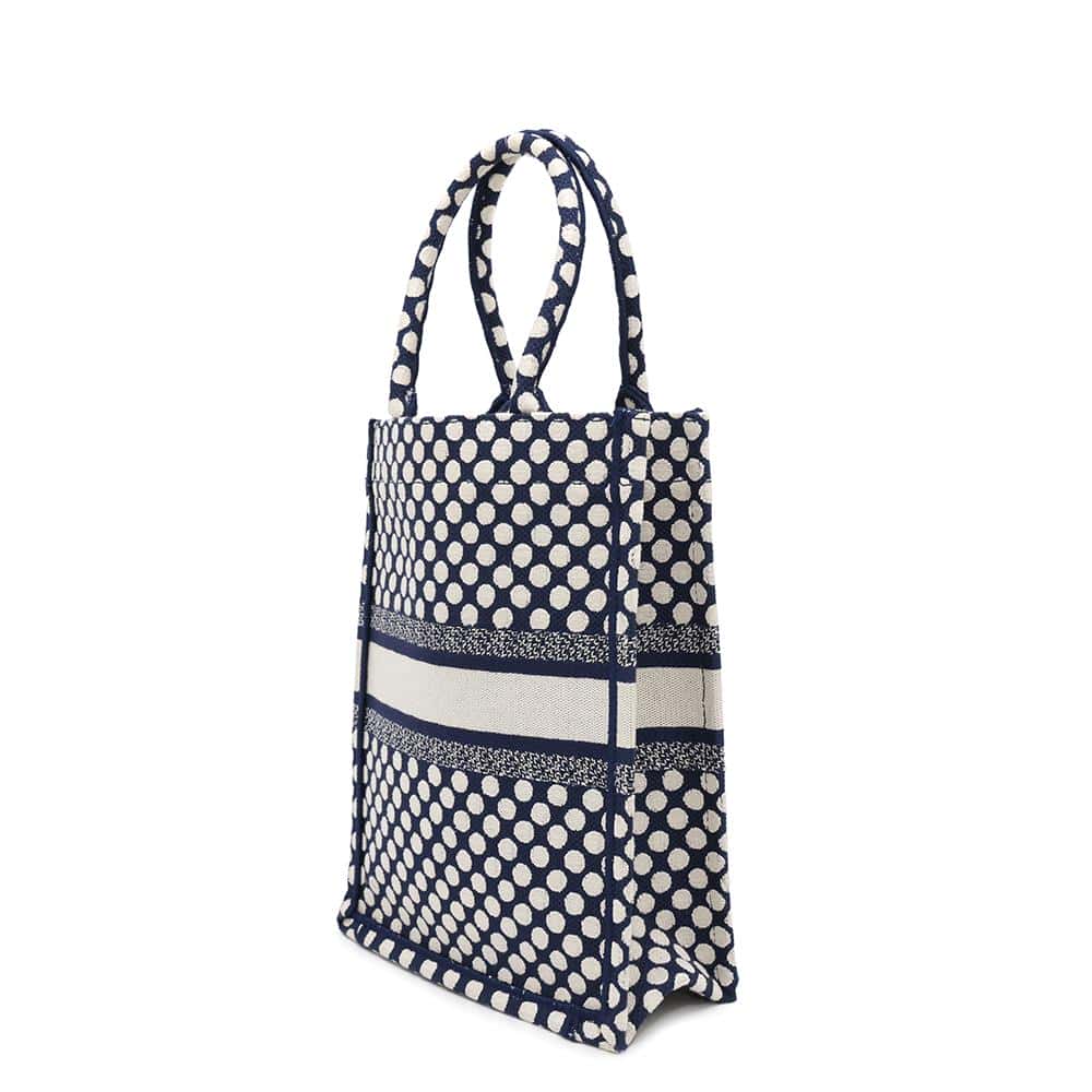 Dior ?Vertical Book Tote Dot White/Navy Canvas