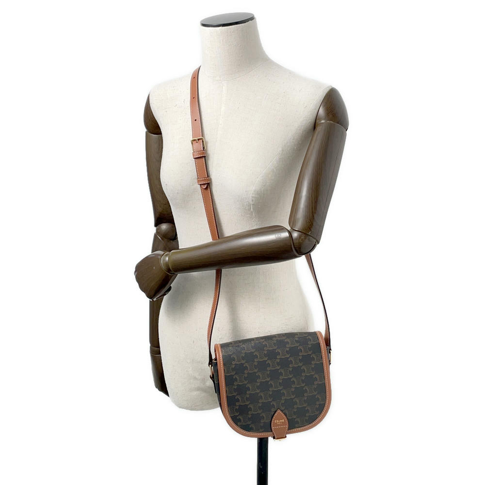 CELINE Triomphe Folco Shoulder Bag Tan191502 PVC Coated Canvas Leather Size Medium
