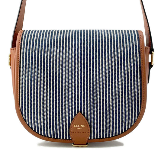 CELINE Striped Falco Shoulder Bag Blue/White/Brown191502 Canvas Leather Size Medium