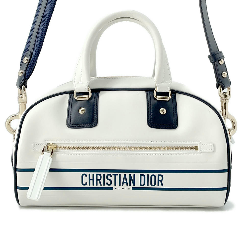 Dior ?Vibe 2WAY Bowling Bag White/NavyM6209OOBR Leather Rubber Size Small