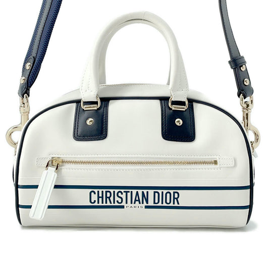Dior ?Vibe 2WAY Bowling Bag White/NavyM6209OOBR Leather Rubber Size Small
