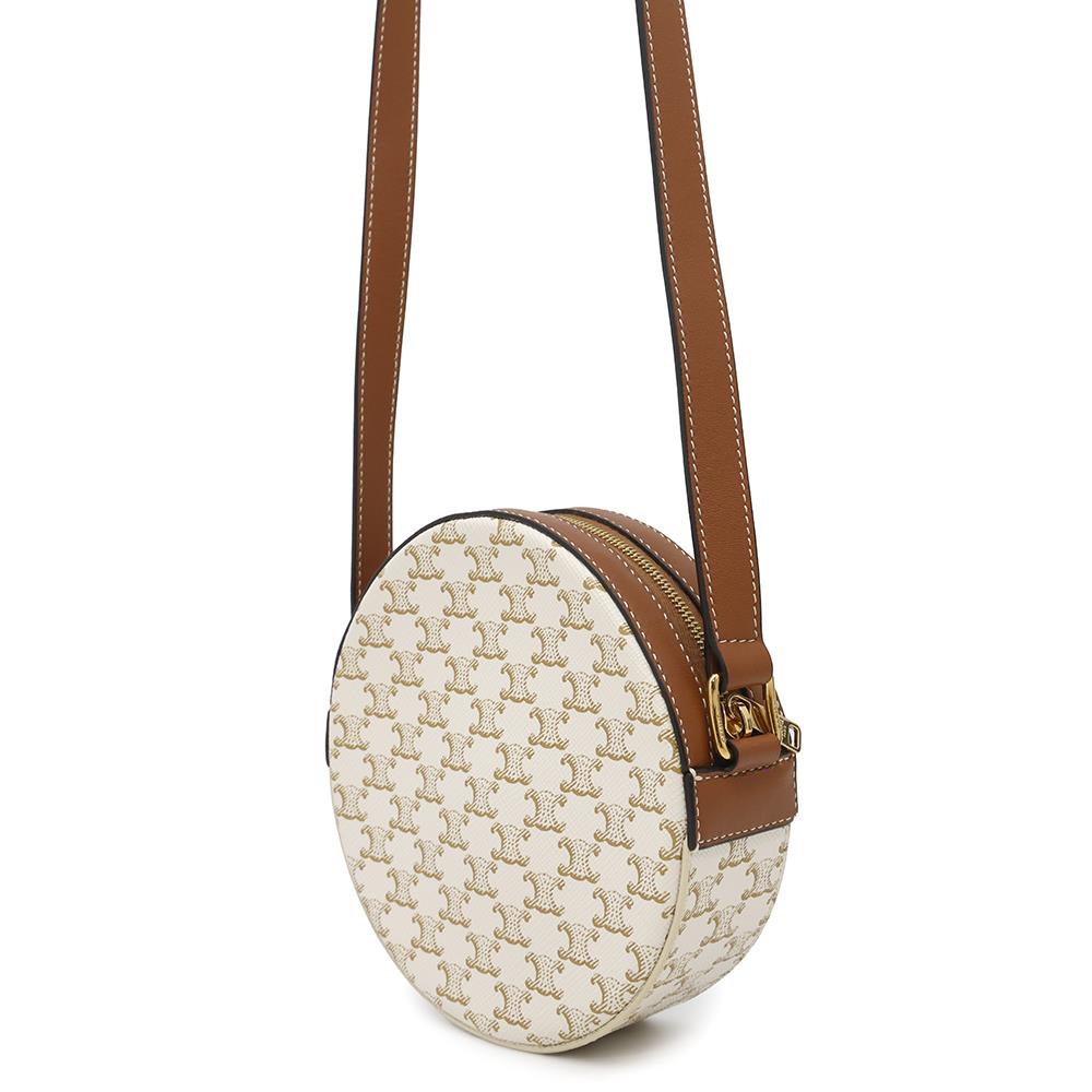 CELINE Triomphe Round Purse Shoulder White10G342 PVC Leather