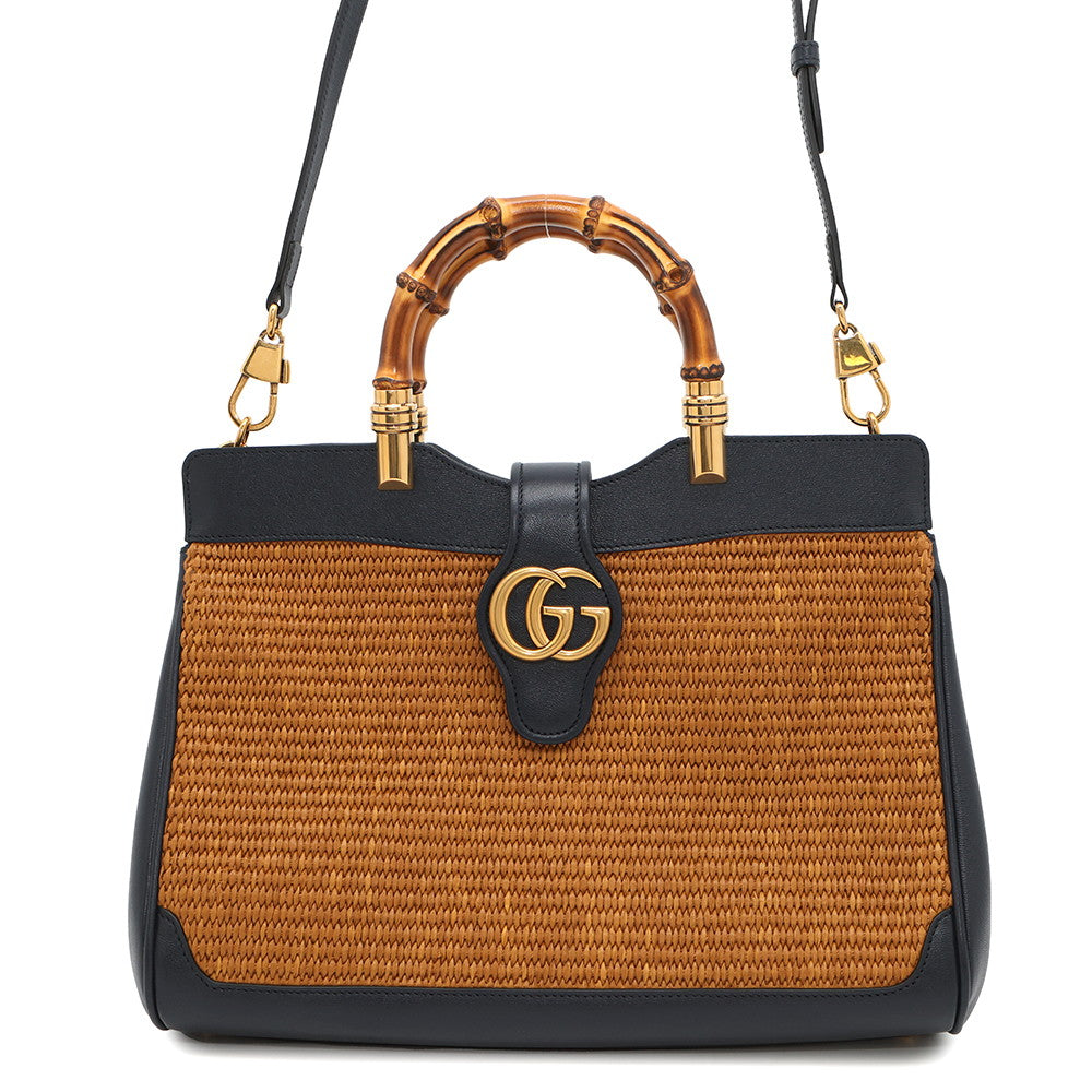 GUCCI Japan Limited Edition Double GG Bamboo Top Handle Bag Navy655657 Straw Leather