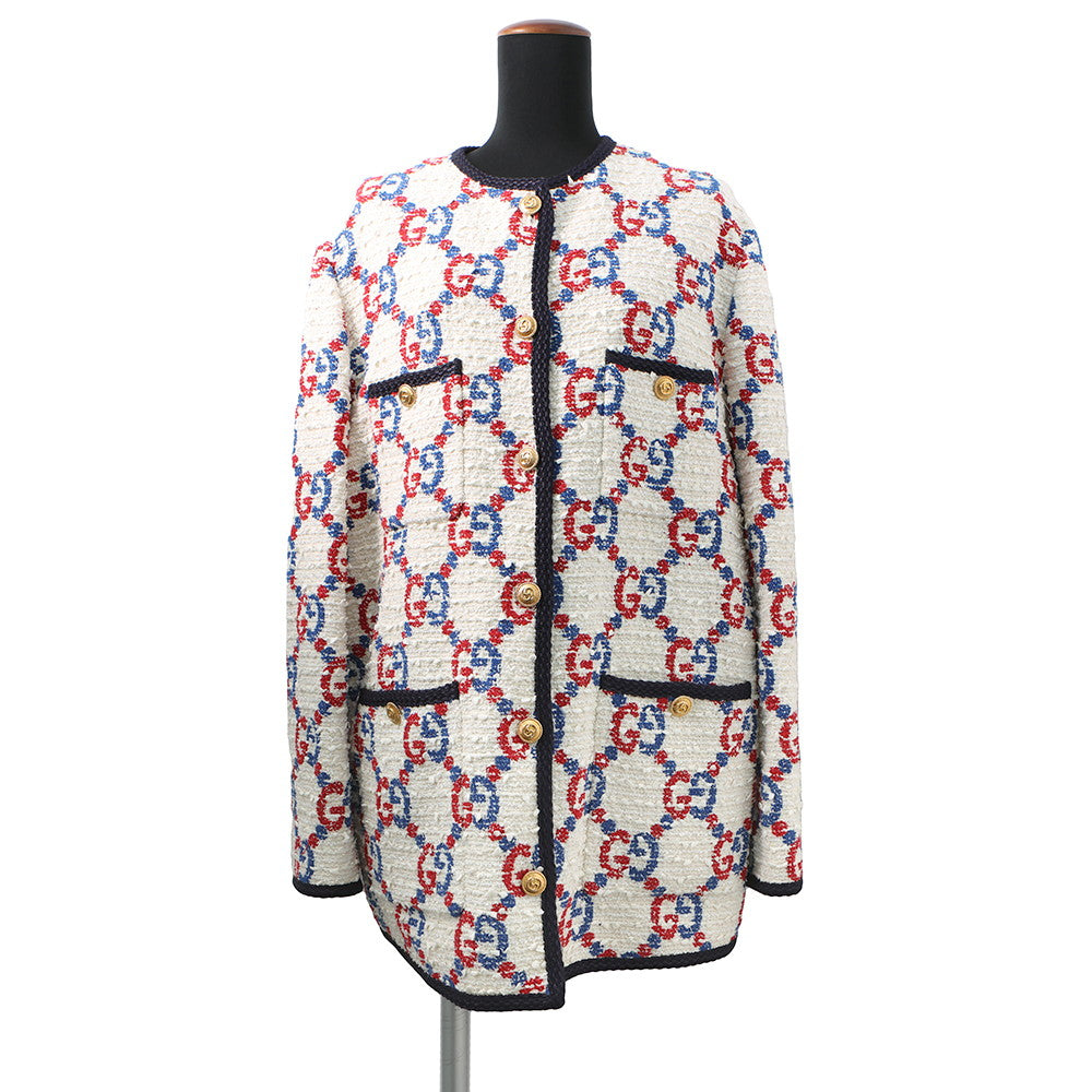 GUCCI ?GG No-Collar Jacket Size 42 Ivory/Multicolor569926 Tweed