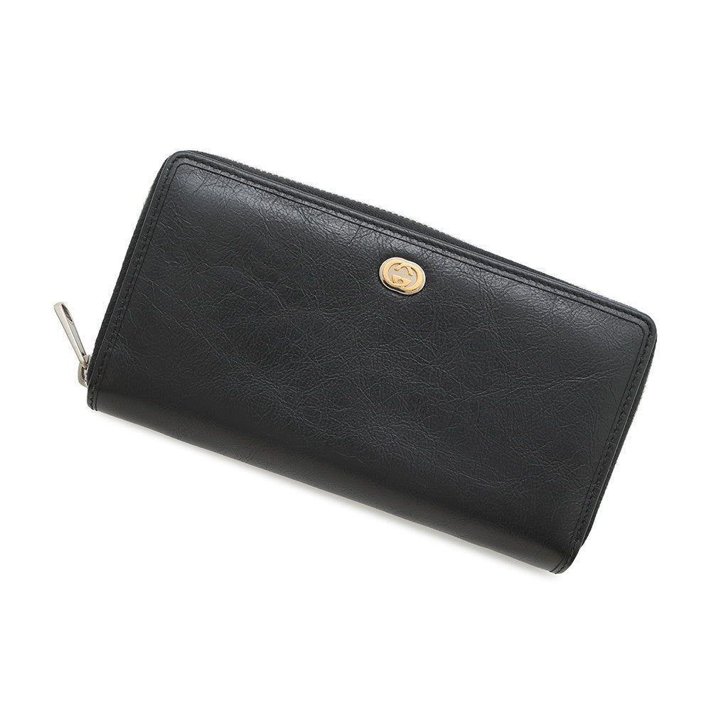 GUCCI ?Interlocking G Zip Around Long Wallet Black575988 Leather