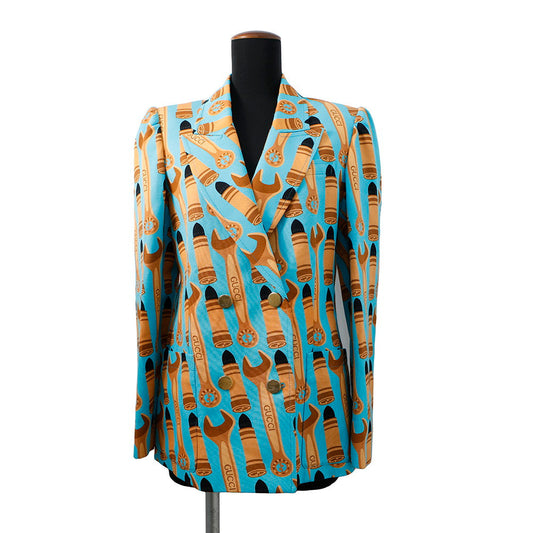 GUCCI ?Lipstick & Tool Print Jacket Size 38 Light Blue/Brown740422 Rayon98% Silk2%